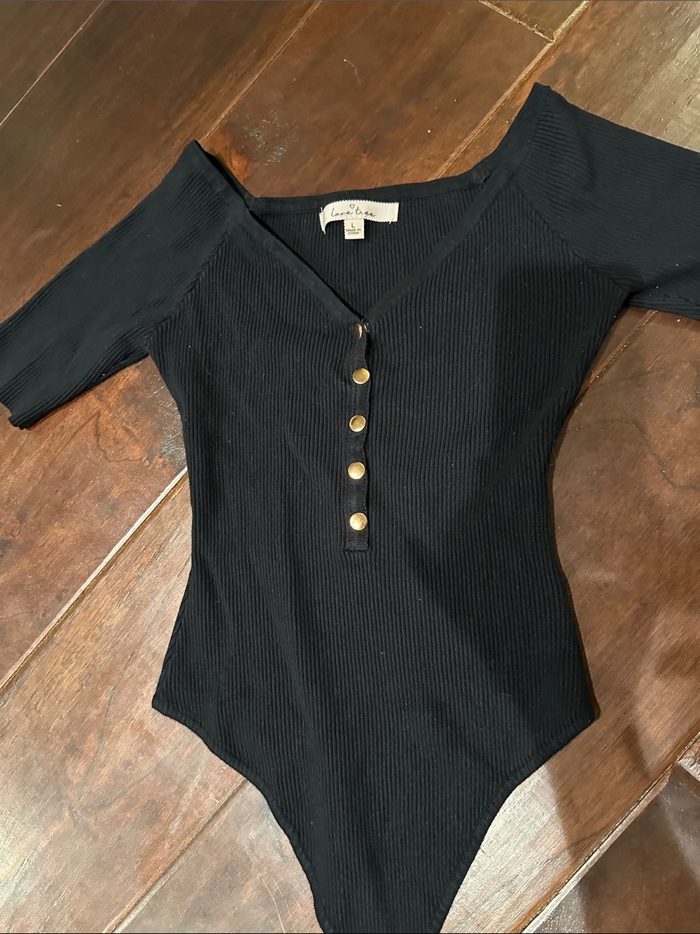 Love Tree Black Ribbed Button-Front Bodysuit